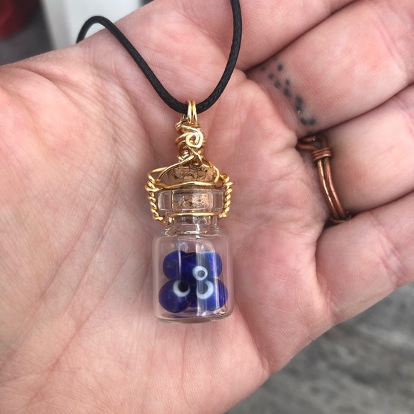 Evil Eye Protection Bottle Necklace Wire Wrapped - in Gold Wire - Picture 3 of 13
